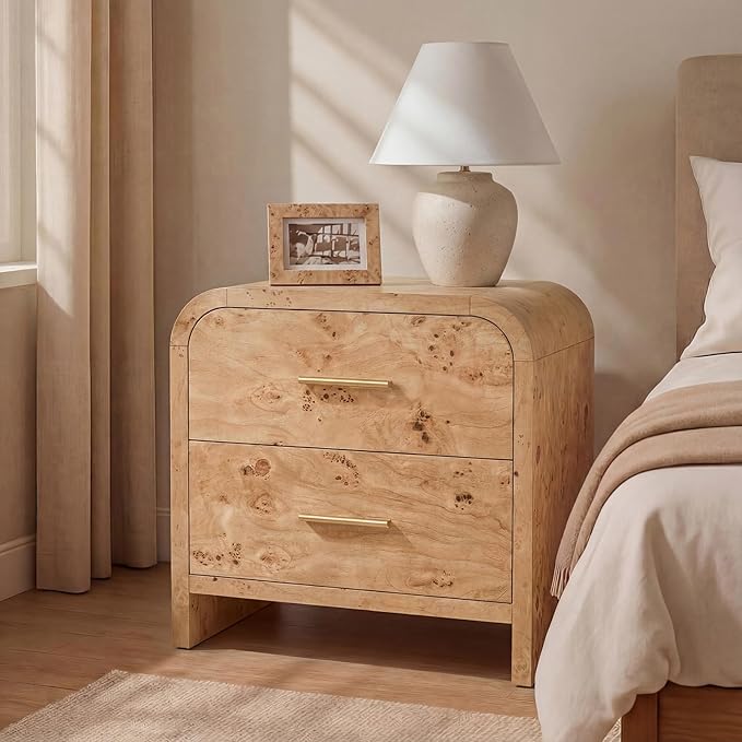 Night Stand [Unique Curved Profile] [FSC-Certified Wooden Board] 2-Drawer Nightstand 24" H Metal Handle Modern Sturdy Bedside Table Side Table End Table