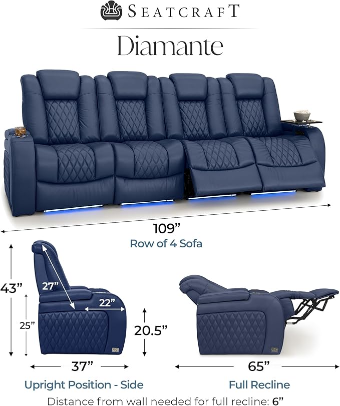 Seatcraft Diamante Zero-Gravity CoolZero Italian Leather Home Theater Seating, Power Headrest, Power Recline, Row of 4 Sofa, Navy Blue