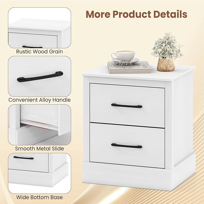 Giantex Modern Nightstand, Wood Bedside Table with 2 Storage Drawers, Compact Floor Night Stand End Table, White Accent Sofa Side Table for Bedroom