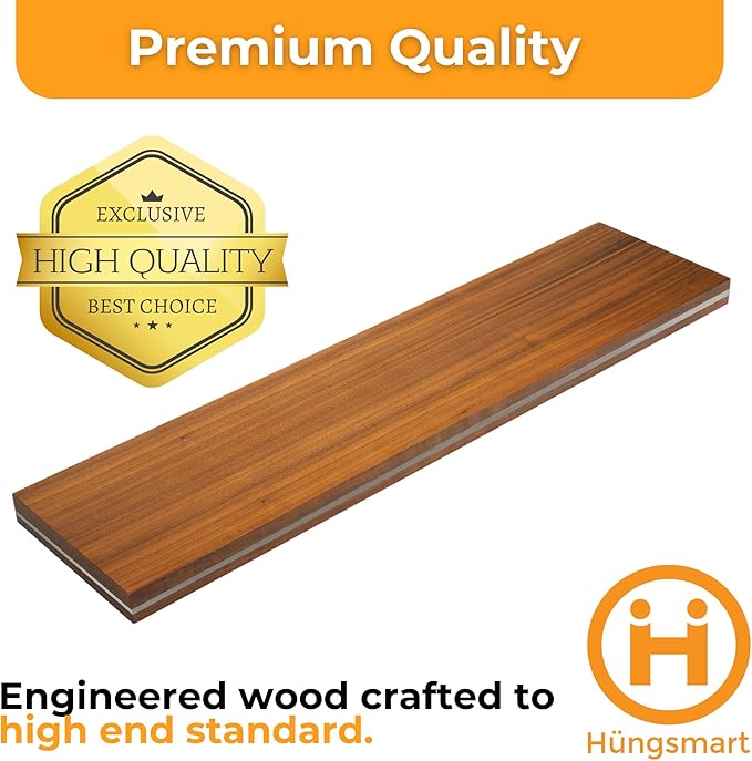 HÜNGSMART 60 Inch Wooden Floating Shelf – Supports 300lbs - Engineered Wood 5 Foot Long –Walnut Finish with Stainless Steel Insert– Includes Laser Welded Precision Wall Bracket (60 x 11 13/16 inches)