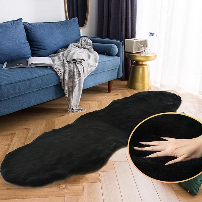 Black Shag Washable Fluffy Fur Area Rugs for Bedroom Living Room Faux Rabbit Fur Nursery Rug 2x6 Cute Shaped Rug Room Décor
