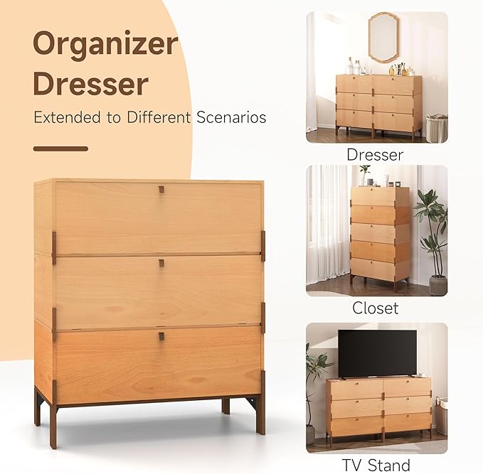 Stackable 3 Drawers Dresser, Customizable Chest of Drawers for Bedroom, Living Room, Closet, Easy Assembly Wood Furnitures Cabinet, 30 inch Width Beech and Basswood Color Combo