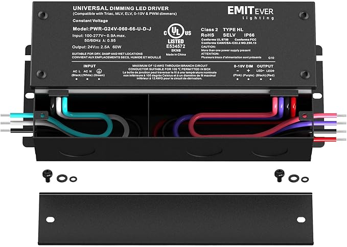 EMITEVER 60W Dimmable LED Driver, 24V Triac Dimmable Power Supply, AC to DC Transformer for LED Light, Compatible with Lutron and Leviton Dimmer, Waterproof IP67 and UL Listed, Class 2
