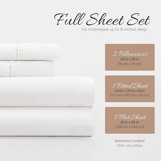 Linen Market Brushed Microfiber Full Sheet Set 4 Piece – Oeko-TEX Certified Ultra Soft & Wrinkle-Free - 16" Deep Pocket Sheets - Easy Care Full Size - White