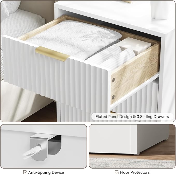 55" Long Dresser and Nightstand Set 3-Piece, 6 Drawer Dressers & Night Stand Set of 2 with Metal Handle, Fluted Modern Wood Chest of Drawers Storage Dressers Set for Bedroom, White