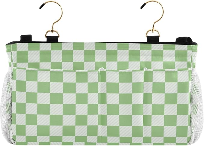 Bedside Caddy Hanging Bunk Bed Caddy Bed Organizer Hanging Pocket with 2 Hooks Bedside Storage Organizer Pocket Bag Holder Checkered Light Green