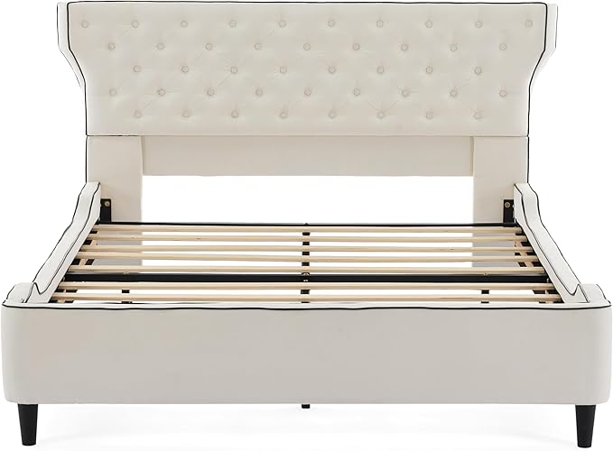 Christopher Knight Home Salus Linen Upholstered Queen Size Bed Frame with Headboard, Modern Queen Bed Frame and Headboard, Wooden Slats Support, Easy Assembly, No Box Spring Needed, Beige