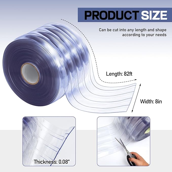 Moukeren Plastic Door Curtain for Winter 82 ft x 8 Inch Thermal Insulated Garage Door Strip Curtains Smooth Waterproof Clear PVC Strip Curtain for Warehouse Freezer Garage, 0.08" Thickness(Striped)