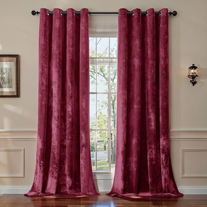 SMILETIME Burgundy Red Crushed Velvet Curtains 52x96 inch Luxurious Thermal Insulated Soundproof Drapes for Living Room Bedroom Office Soft and Durable Light-Filtering Window Treatments, 2 Panels