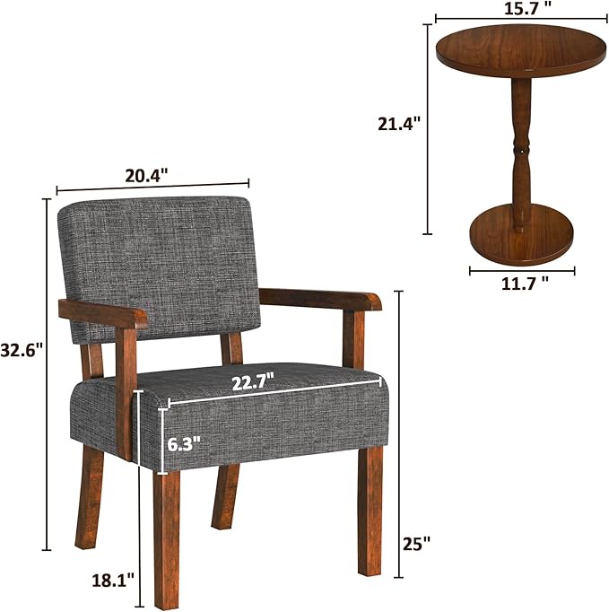 Accent Chair Set of 2 with Table, Living Room Chairs with Soft Seat and Armrests for Living Room Bedroom Reading Room Waiting Room, Grey (AC01)