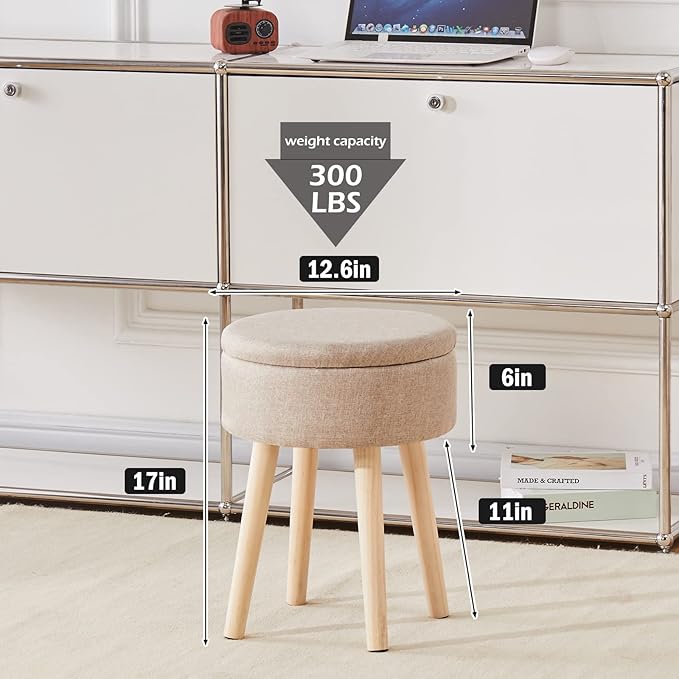 Mxfurhawa Storage Ottoman Linen Round Vanity Stool Tray Top Modern Foot Stool with Wood Legs Multifunctional Upholstered Foot Ottoman Rest for Living Room, Bathroom, Makeup (Khaki)
