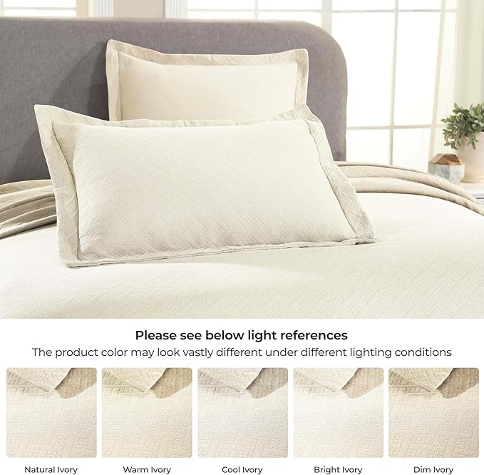 Superior 100% Cotton Basket Weave Bedspread with Shams, All-Season Premium Cotton Matelasse Jacquard Bedding, Quilted-Look Geometric Basket, Full, Ivory