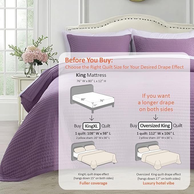 KASENTEX King XL Quilt Set 108"x98" – Soft Washed 3-Layer Lightweight Bedspread, Minimalist Nordic Design, All-Season Spring & Summer Quilt Set (1 Quilt + 2 Pillow Shams),Grape Jam Purple
