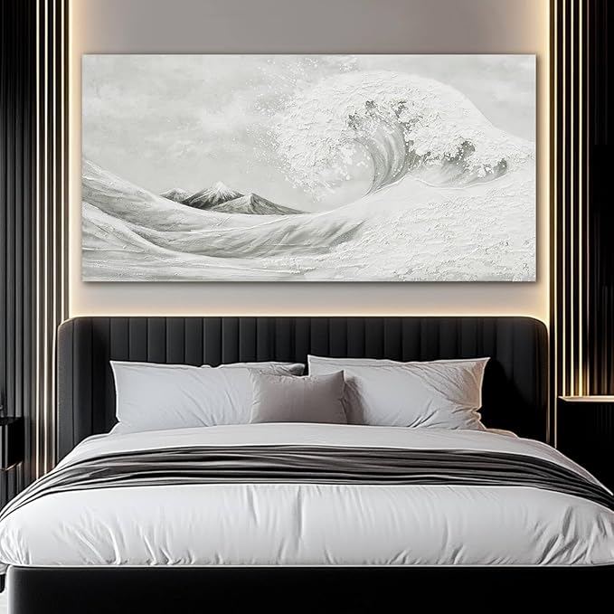 YETHEN WAL Neutral Grey & White Wave Wall Art – Textured Minimalist Canvas Print, Modern Coastal Decor for Hallway Entryway Bedroom, 20×40 Inch