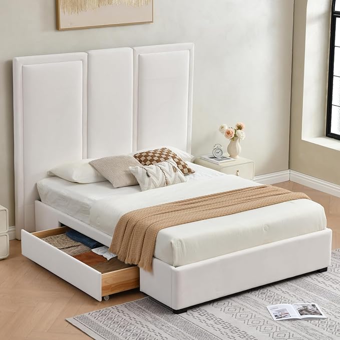YUHUASHI Queen Size Bed Frame with 64-inch High Headboard, Simple and Airy Linen Upholstered Platform Bed with Storage Drawers, Wood Slat, No Noise (White, Queen (U.S. Standard))