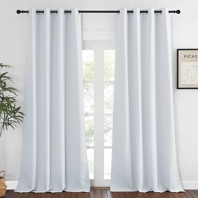 NICETOWN Room Darkening Extra Long Curtain Drape - (52W x 120L inch, Greyish White, 1 PC) Ring Top Thermal Insulated Window Treatment Drape for Living Room