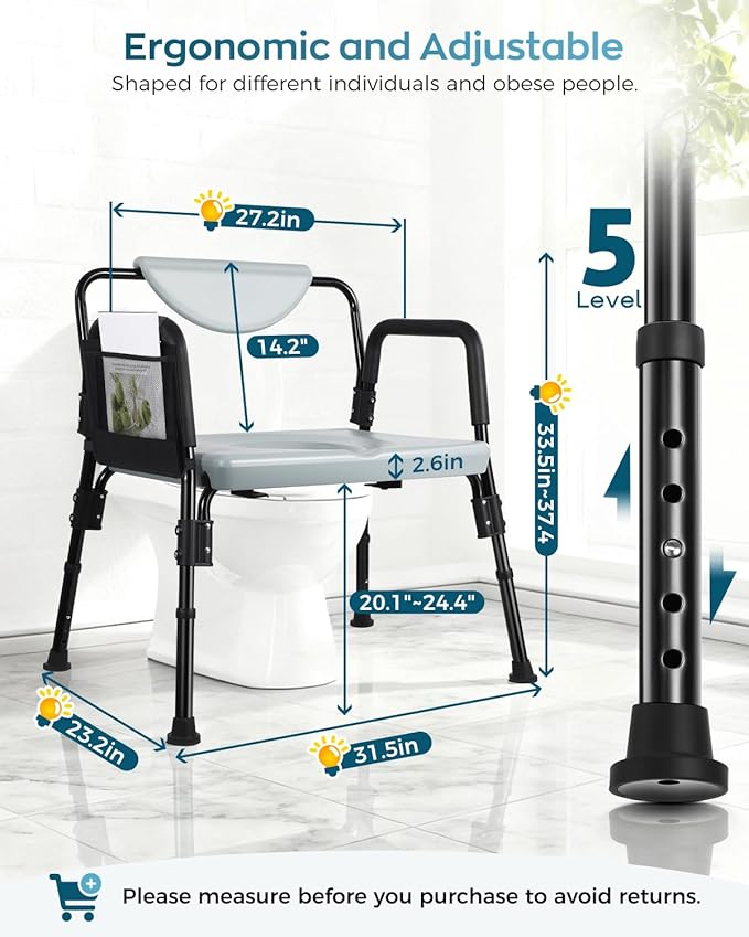 Bariatric Bedside Commode Chair - Heavy Duty 1000 Lbs Capacity - Extra-Wide Seat & Adjustable Height - 3 in 1 Steel Frame Over-The-Toilet Commode for Obese, Elderly & Disabled