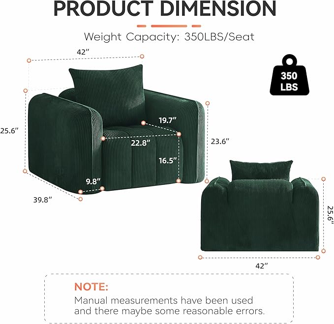 Oversized Boneless Corduroy Accent Chair, Comfy Deep Seat Armchair for Bedroom, Modern Upholstered Living Room Sofa Chair with Pillow, No Assembly, Green