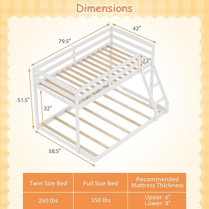 KOMFOTT Low Bunk Bed Twin Over Full, Solid Wood Twin Bed Frame with Built-in Ladder & Safety Guardrails, Space-Saving Low Bunk Bed for Kids, Teens, No Box Spring Needed