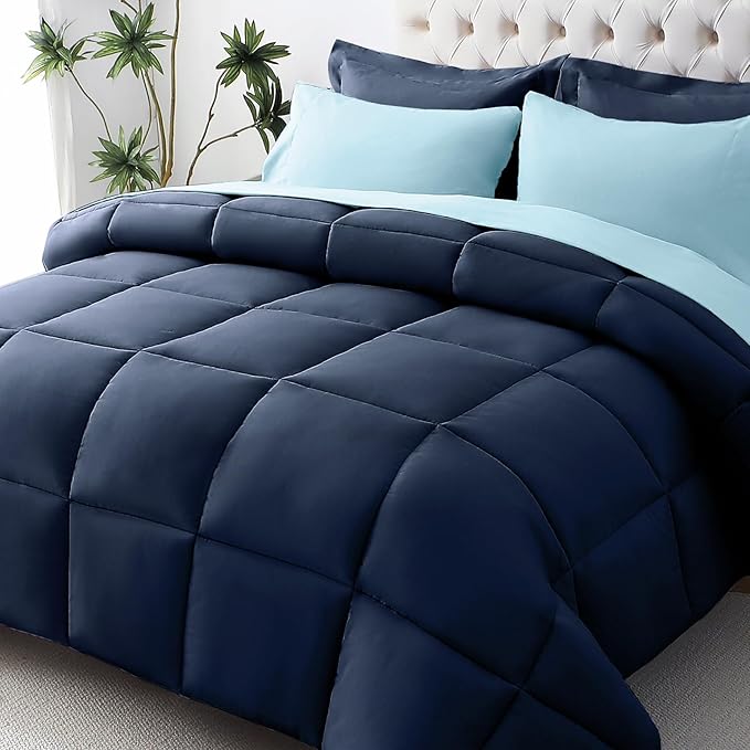 JOLLYVOGUE King Comforter Set, Ultra-Soft Bed in a Bag King Size 7 Pieces, Oeko-TEX Certified Bedding Set with Down Alternative Comforter, Sheets, Pillowcases & Shams, Navy & Light Blue