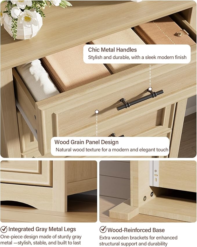 Farmhouse 5 Drawers Dresser, 45.5" H Modern Country Storage Dressers with Brushed Metal Handles, Wood Storage Organizers for Bedroom, Living Room, Hallway, Light Oak