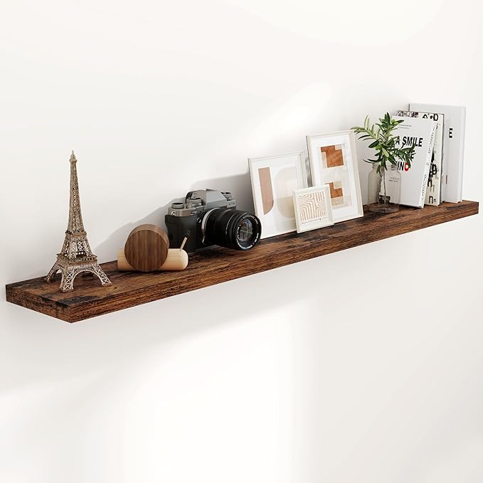 Fun Memories 72 Inch Floating Shelves for Wall, 72x9.3 Large Floating Shelf for Bedroom, Kitchen, Bathroom, Wall Mounted Rustic Wood Shelves with Invisible Bracket for Books, Decor, Rustic Brown