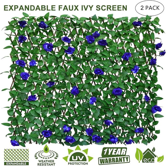 Sumery Expandable Fence Privacy Screen for Balcony Patio Outdoor,Decorative Faux Ivy Fencing Panel,Artificial Hedges (Single Sided Leaves) (2, Blue Flowers)