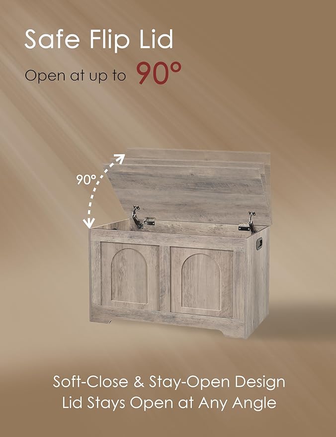 DINZI LVJ Storage Chest, 31.5”Wooden Toy Box with 2 Safety Hinges, Entryway Storage Bench with Flip-Top, Sturdy Storage Trunk for Living Room, Bedroom, Easy Assembly, Greige