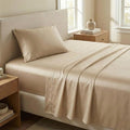 Beckham Hotel Collection Twin Sheet Set 100% Cotton, 500TC Luxury Sateen Bedding, 16” Deep Pocket, Moisture-Wicking, 3-Piece, Sand