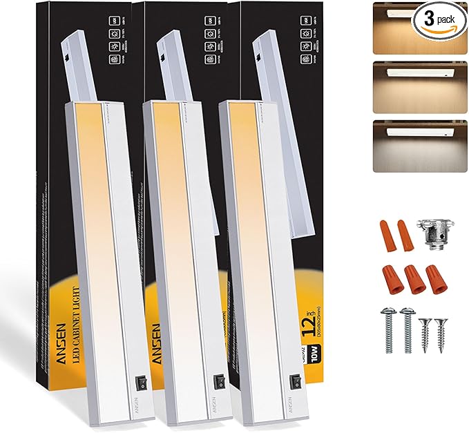 Ansen 3Packs of Under Cabinet Lights for Kitchen, 12in 10W 666LM, Dimmable Hardwire Led Light for Closet, CRI>92, R9>90, 3 Color Temperature, 3000K/4000K/5000K(Warm White, Cool White, Daylight)