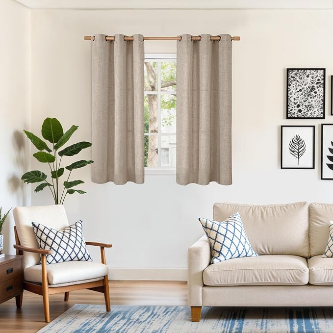 YoungsTex Dark Oatmeal Linen Curtains 54 Inch Length for Living Room Windows, Short Semi Sheer Drapes Privacy Light Filtering with Grommmet for Bedroom, 42 x 54 Inch, 2 Panels