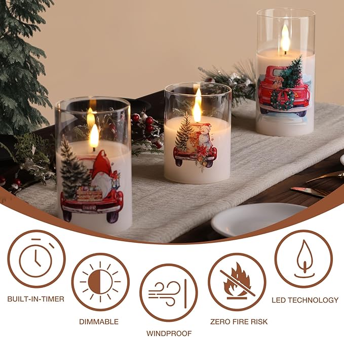 Eywamage Christmas Glass Flameless Candles with Remote, Flickering LED Pillar Candles Holiday Table Decor Gift Set of 3
