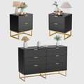 Anbuy Morden 3 Pieces Bedroom Sets, 6 Drawer Dresser and Nightstand Sets for Bedroom, Night Stand Set of 2 & 6 Drawer Dresser with Gold Handles, Morden Wood Chest of Drawers Storage Cabinet Set, Black