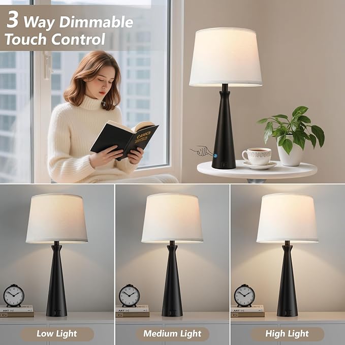 Seealle Modern Table Lamps Set of 2 - Touch Bedside Lamp for Nightstand with Dual USB C+A,3-Way Dimmable Black Nightstand Lamps for Living Room Bedroom End Table(Bulb Included)