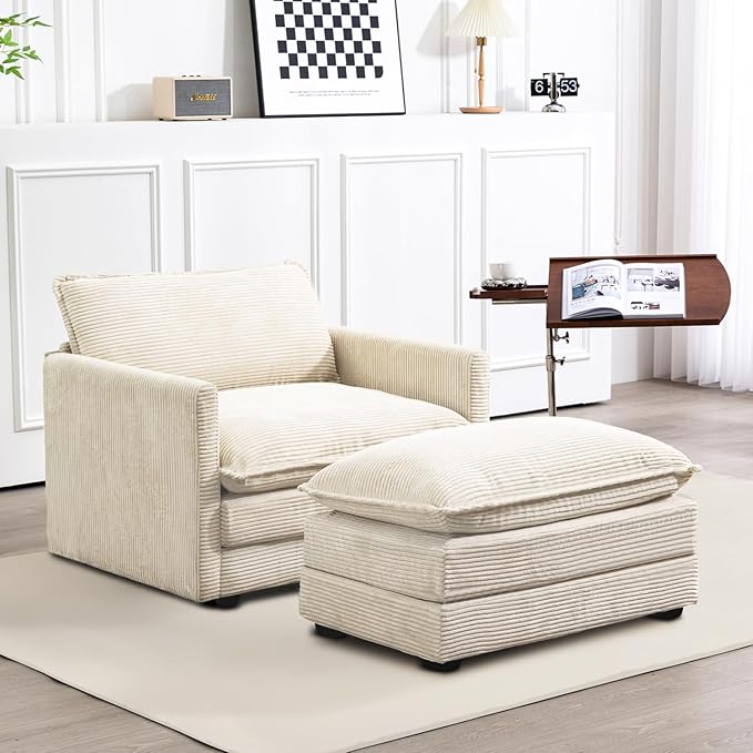 ROWHY Single Armchair with Ottoman, Modern Corduroy Cloud Couch with Convertible Chaise, Upholstered Sofa Set for Living Room, Beige