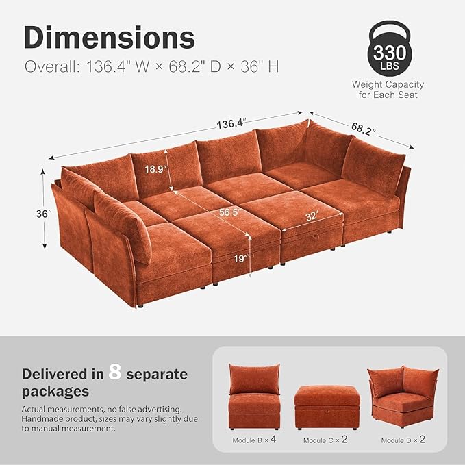 ABCASA 136.4" Oversized Modular Sectional Sleeper Sofa Bed, U Shaped Convertible Couch with Movable Ottoman, Large 8 Seat Corner Couches for Living Room Deep Seat Terracotta Orange Chenille