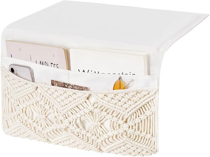 Mkono Macrame Bedside Caddy Storage Organizer Boho Remote Control Tablet Magazine Holder with 4 Pockets Non-slip Countertop Bedside Caddy for Home Bedroom Living Room College Dorm Bed, Ivory, Large