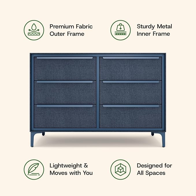 Naima Premium Fabric Dresser - Strong Metal Frame, 6 Spacious Sag-Proof Drawers with Sleek Metal Handles - Premium & Durable Storage Solution for Your Home (Navy)