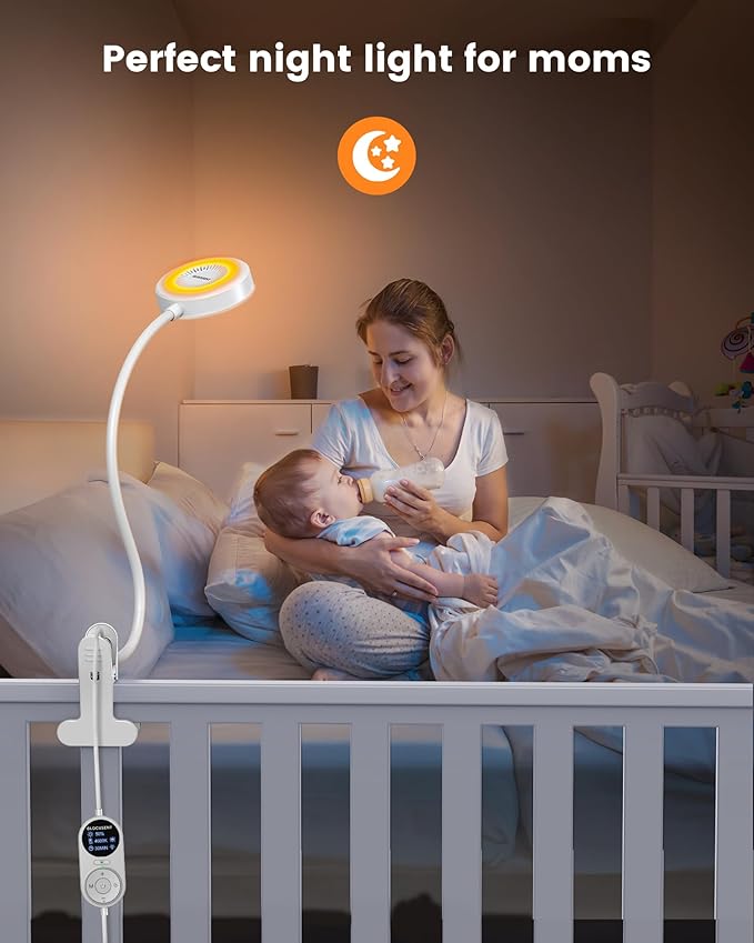 Glocusent 72 LED Clip on Lamp with Remote, Reading Light with Amber Ring, 3 Colors & 5 Dimmable Bed Lamp, 30/60-Min Auto Off Timer, Clamp Light for Headboard/Dorm/Bunk (White)