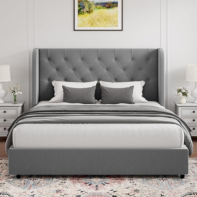 HOMBCK Full Size Bed Frame, Grey Upholstered Platform Bed Frame with Headboard, Velvet Tufted, Curved Wingback Design, Wooden Slats, No Box Spring, Noise Free, Easy Assembly