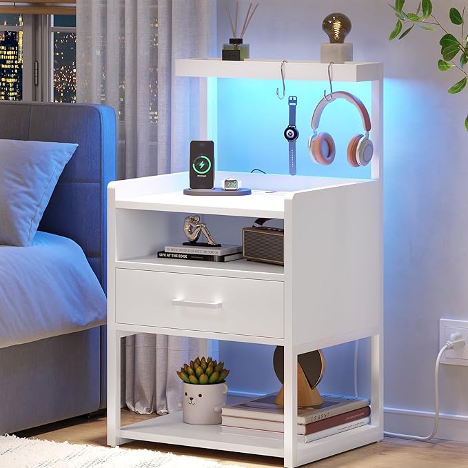 VIAGDO Nightstand Set of 2 with Charging Station and LED Lights, White Night Stand with Drawer, Modern End Side Table with Open Storage Shelves, Bedside Tables for Bedroom, Office