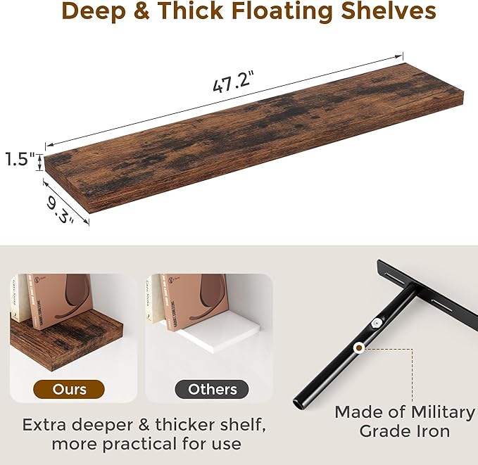 Floating Shelves for Wall, 48 x 9.3 Large Floating Shelf Wall Mounted Set of 2, Rustic Wood Shelves for Bathroom, Kitchen, Living, Heavy-Duty Storage Deep Shelf for Books, Decor, Rustic Brown