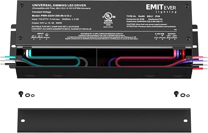 EMITEVER Dimmable Led Driver, 300W AC 110V-277V to DC 24V Transformer, 5-in-1 Dimming: ELV/MLV/TRIAC / 0-10V / 1-10V / 10V PWM/Potentiometer, Waterproof IP67 and UL Listed