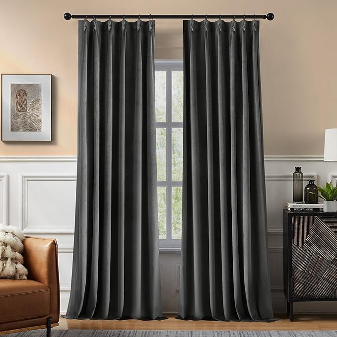 Pinch Pleated 100% Blackout Curtains for Bedroom, Grey Velvet Curtains for Living Room, Black Out Curtain 96 inch Long Room Darkening, Blackout Pinch Pleat Drapes with Hooks 2 Panels