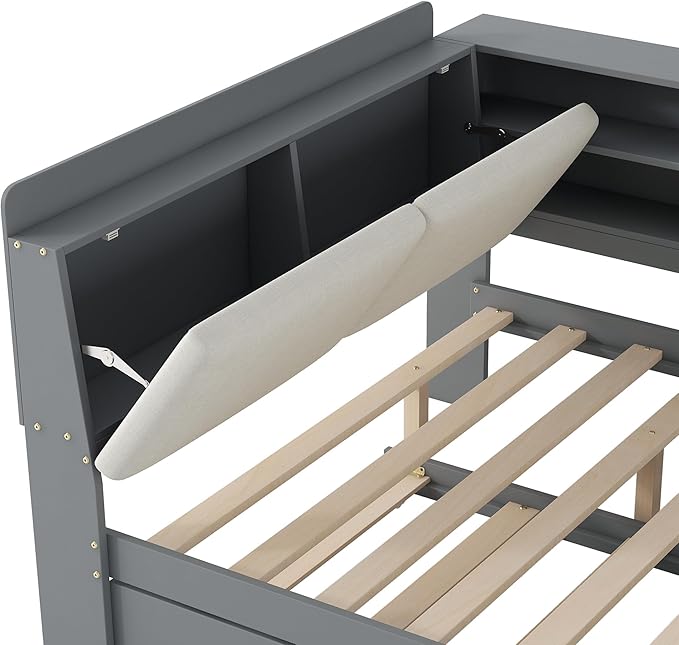 Ball & Cast Full Size Wooden Storage Daybed Frame, Modern Platform Bed with Trundle & Flip Headboard & Shelves, L Shaped Full Floor-Bed w/Upholstered Headboard&Storage, No Box Spring Needed, Gray