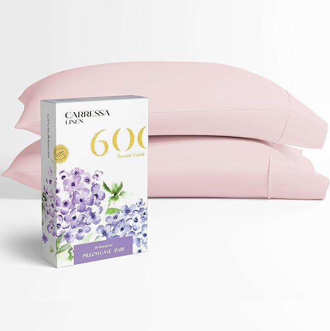 Carressa Linen 100% Egyptian Cotton Pillow Cases Queen Size Set of 2 - Luxury 600 Thread Count Blush Standard/Queen Size Pillowcases, Silky Soft, Cooling Sateen Weave Hotel Quality Bed Pillow Cover