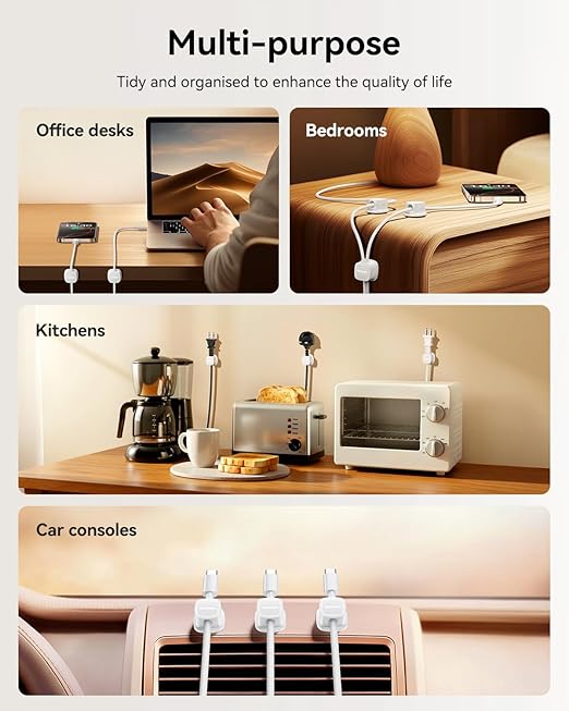 6-Pack Magnetic Cable Clips Cord Organizer-Cables Smooth Adjustable, Rocoren Desk Cable Management Accessories,Cord Holder Clips Wire Holder Keeper for Desktop,Nightstand,Home Office,Workspace,Phone