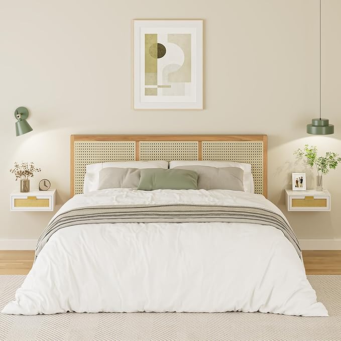 Floating Nightstand, Floating Shelf with Drawer, Wall Mounted Nightstand, Floating Bedside Table (White Rattan)