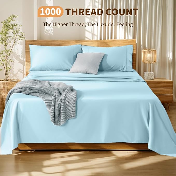 LBRO2M 100% Cotton Sheets Set Deep Pocket 19", 1000 Thread Count Full Size 4 Piece Bed Sheet Sets Soft Comfortable Bedding All Season (Full, Light Blue)