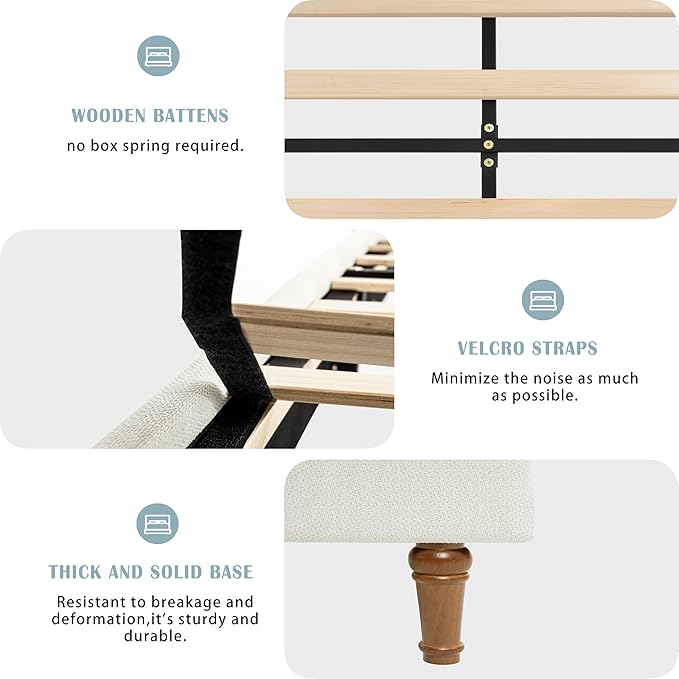 Queen Size Upholstered Bed Frame, Harper 54" Tall Headboard Platform Beds, Wingback Headboard Bedframes/No Box Spring Needed/Easy Assembly/Elegant Simplicit, Ivory Chenille